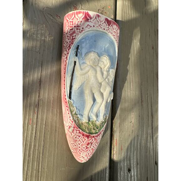 Vintage Ceramic Cherub Angel Wall Pocket Vase 6.5 pink blue Made in Japan - Picture 4 of 14